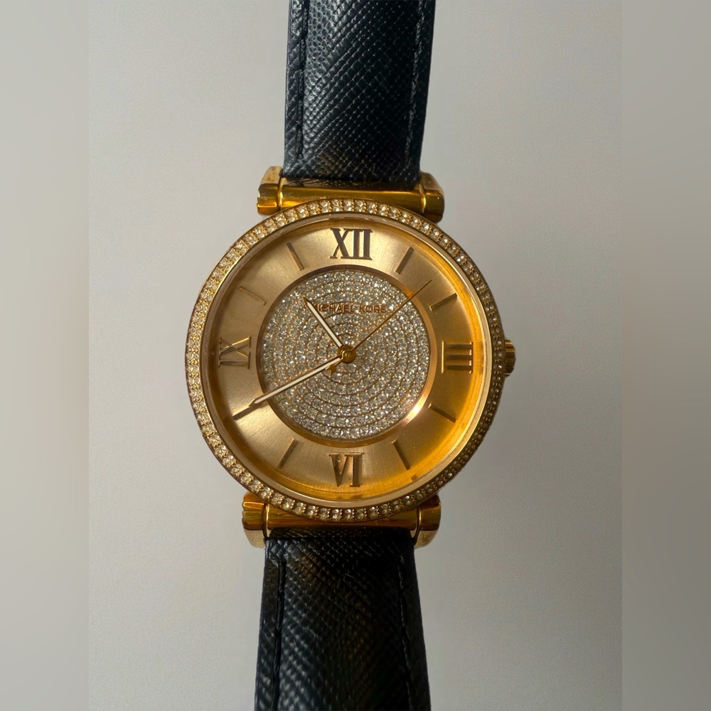 MICHAEL KORS Catlin Rose Crystal Set Black Leather Ladies Watch MK-2376